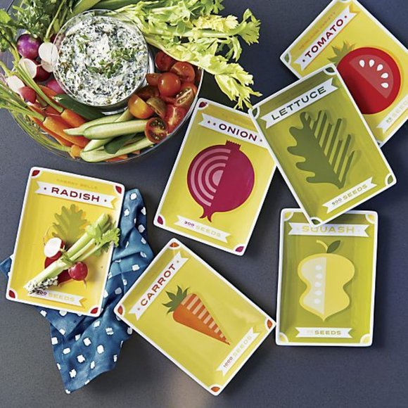 Crate&Barrel Other - Crate&Barrel vegetable garden seed print appetizer plate set of 6